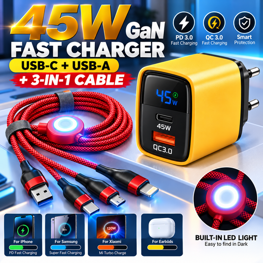 45W GaN Fast Charger with Digital Display + 3-in-1 LED Light Charging Cable