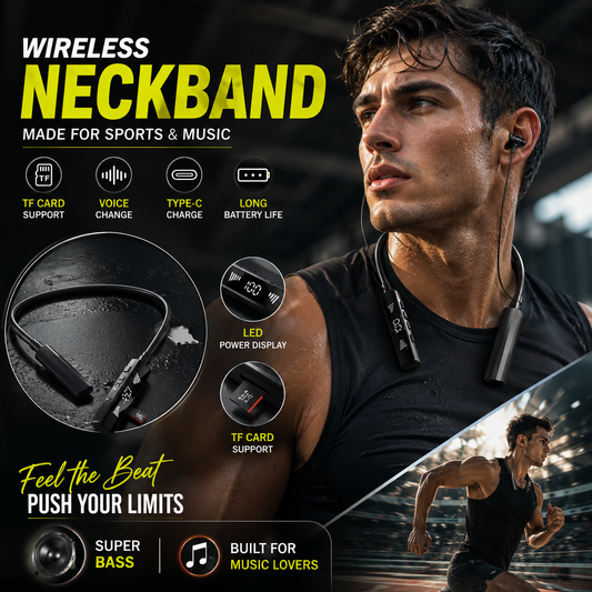 Premium Wireless Sports Neckband – LED Display, TF Card & Super Bass