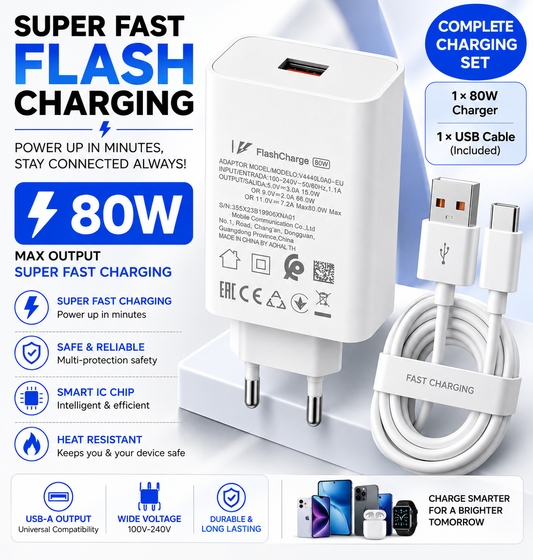 80W FlashCharge Adapter with Fast Charging Cable